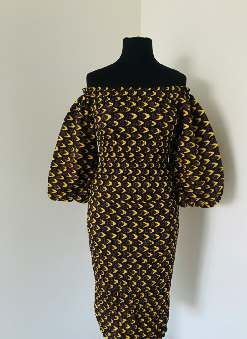 Robe Élastique droite en wax  - Manches longues - Manches bouffantes chic