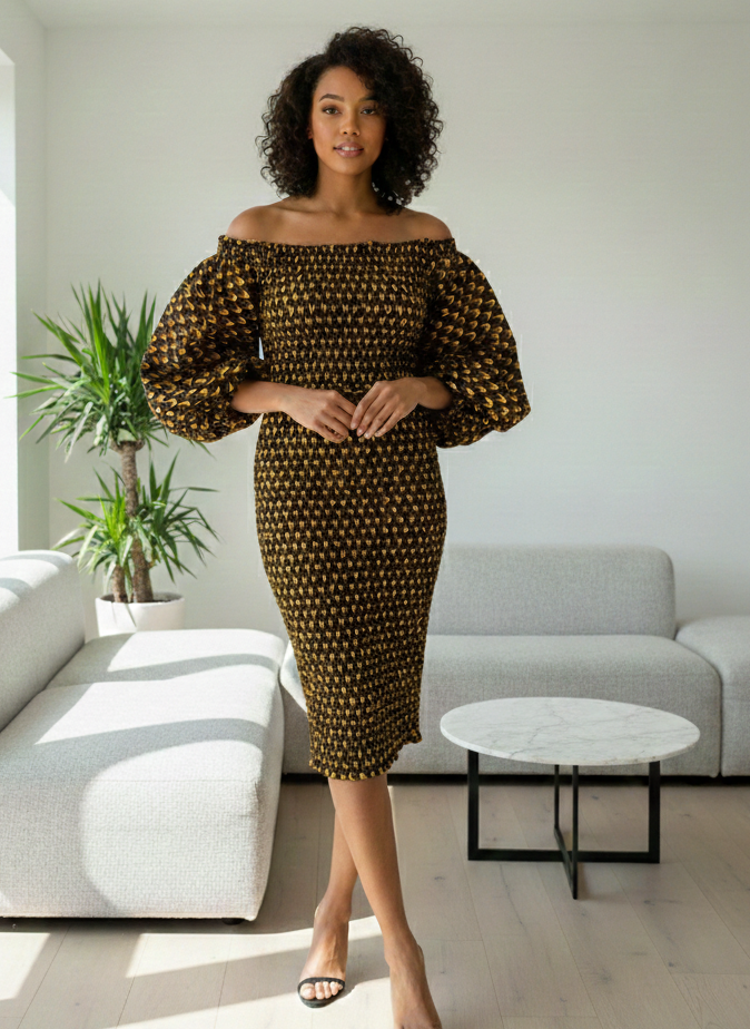 Robe Élastique droite en wax  - Manches longues - Manches bouffantes chic