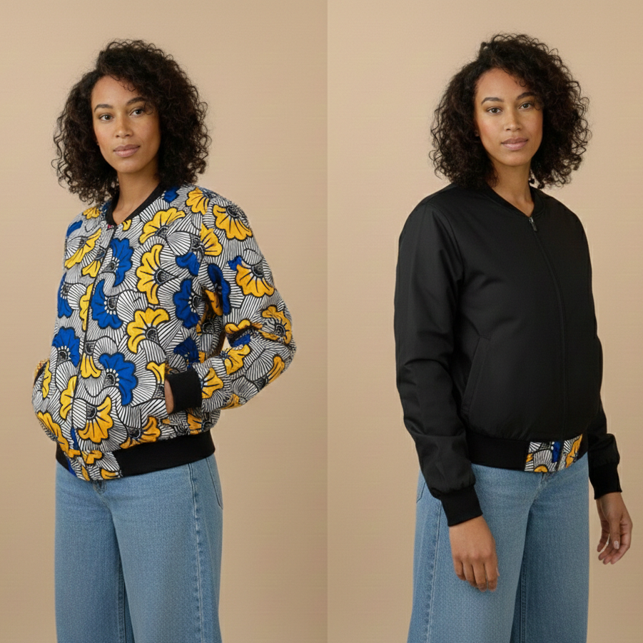 Bomber en Wax mixte - Avec poches - motif Fleurs de mariage - Kaysol Couture