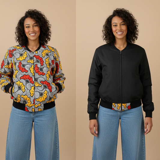 Bomber en Wax mixte - Avec poches - motif Fleurs de mariage - Kaysol Couture