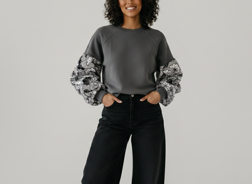 Grey wax sweatshirt / Hoodie with wax fabric detail / African sweater / Unisex