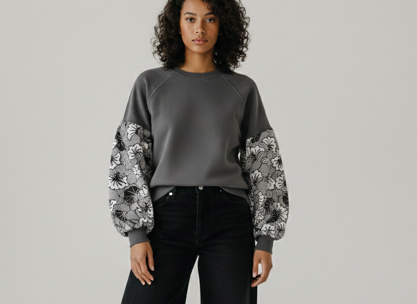 Grey wax sweatshirt / Hoodie with wax fabric detail / African sweater / Unisex