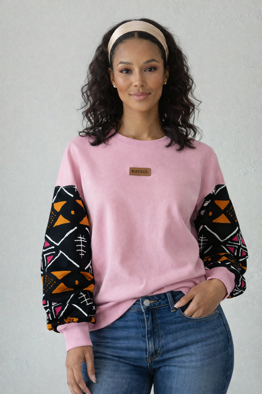 Sweat customisé en Wax - sweat rose  - Bogolan