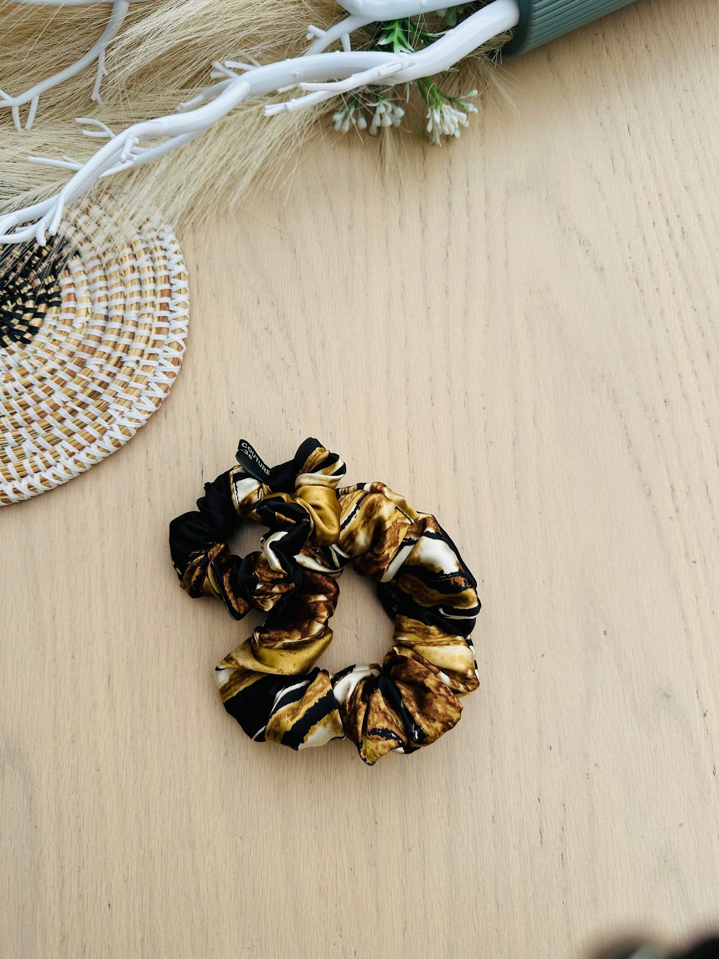 Duo de Chouchous satin noir doré marbré - Touche Soie premium – Taille XS & M