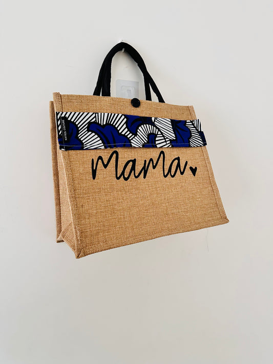 Sac cabas toile de jute Personnalisé "MAMA" Wax bleu