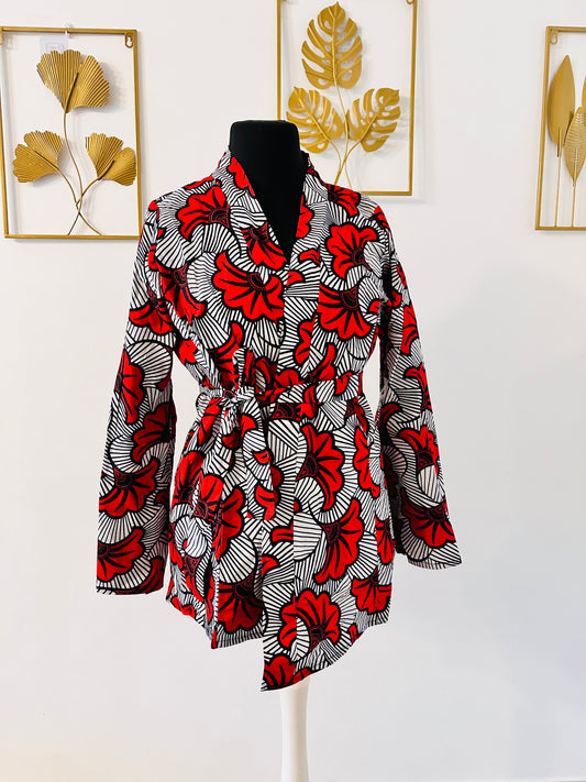 Kimono en wax - Fleurs de mariage rouges