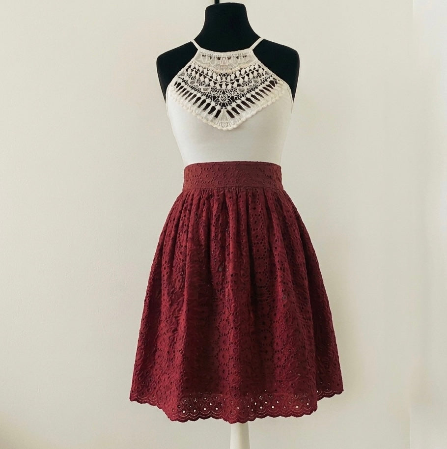 Women's Bordeaux Broderie Anglaise Skirt | 3 Lengths