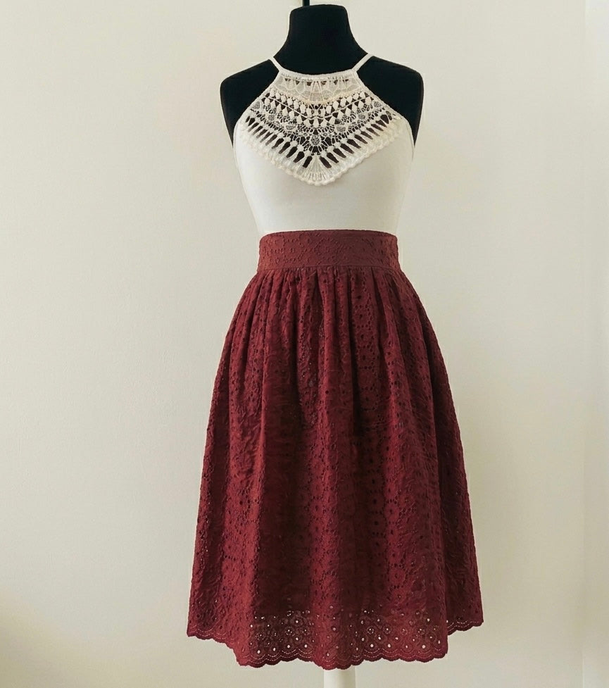Women's Bordeaux Broderie Anglaise Skirt | 3 Lengths