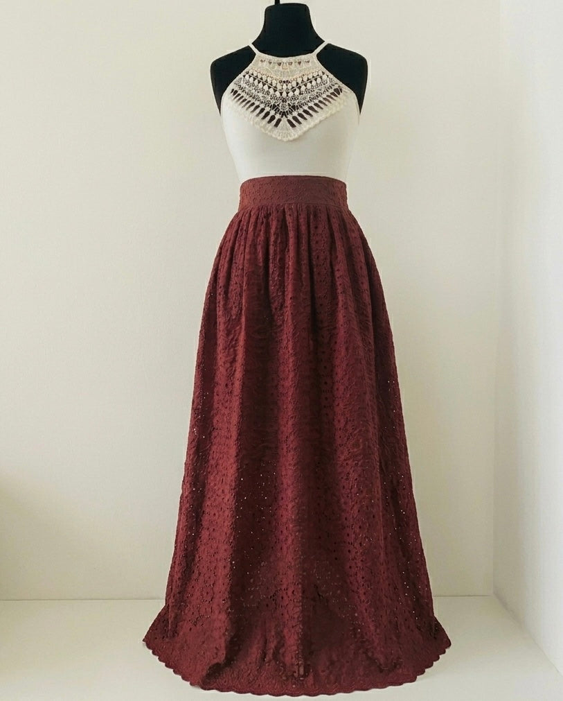 Women's Bordeaux Broderie Anglaise Skirt | 3 Lengths