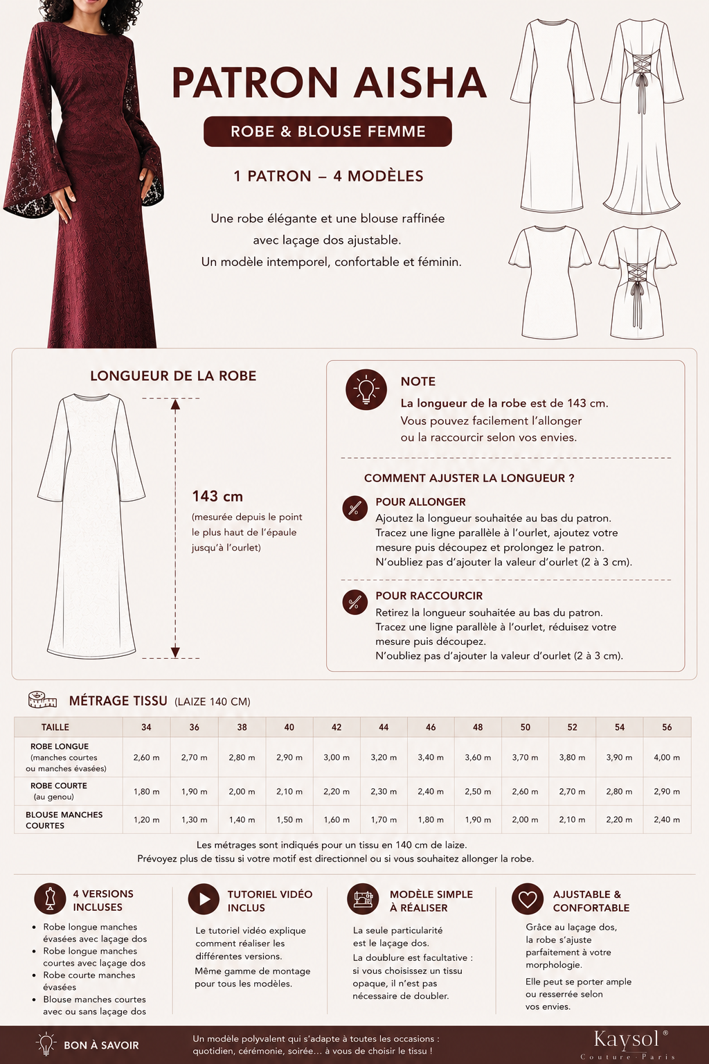 Aïsha PDF Pattern – Women's Dress & Blouse / 1 Pattern Multi Possibilities / XS/8XL / A4/A0 / Video