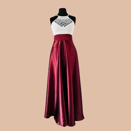La jupe longue taille haute en Satin - Bordeaux