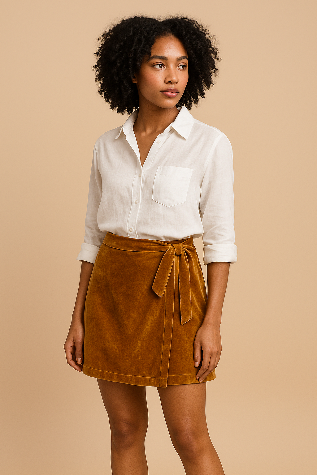 Jupe portefeuille Sira Kaysol Couture portée par le mannequin digital Aya, modèle féminin fluide et élégant, disponible en plusieurs longueurs, photographié sur fond studio beige neutre.