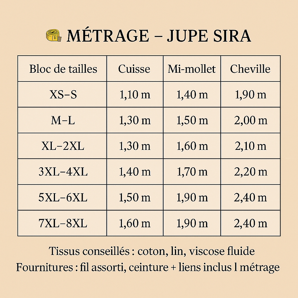 Jupe portefeuille Sira Kaysol Couture portée par le mannequin digital Aya, modèle féminin fluide et élégant, disponible en plusieurs longueurs, photographié sur fond studio beige neutre.