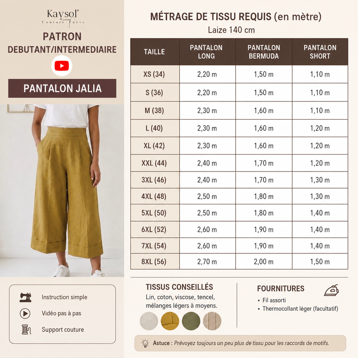 Patron Pantalon femme PDF – Modele JALIA Femme | Tailles 34 à 52 / Tuto Vidéo / A4/A0