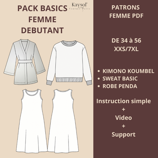 Pack Basics Femme Débutant – Patrons PDF 34 à 56 (XXS–7XL) + Video