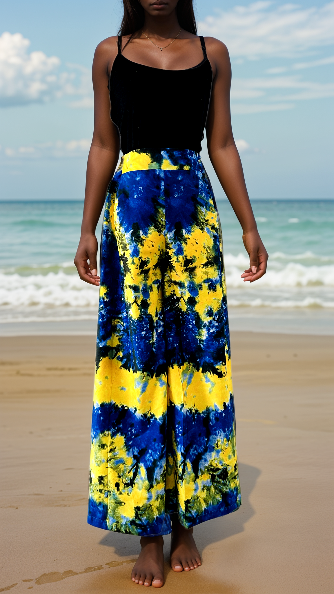 Pantalon Eté Palazzo femme - Bleu Jaune - pantalon femme plage - tenue de plage - tenue femme ample - tenue femme été 