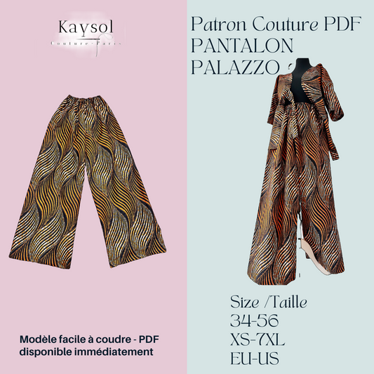 Patron couture Pantalon palazzo - PDF - Tailles EU - US T34-T56