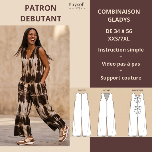 Patron combinaison Gladys PDF – Débutant -  34 à 56 + Video Couture Pas à Pas