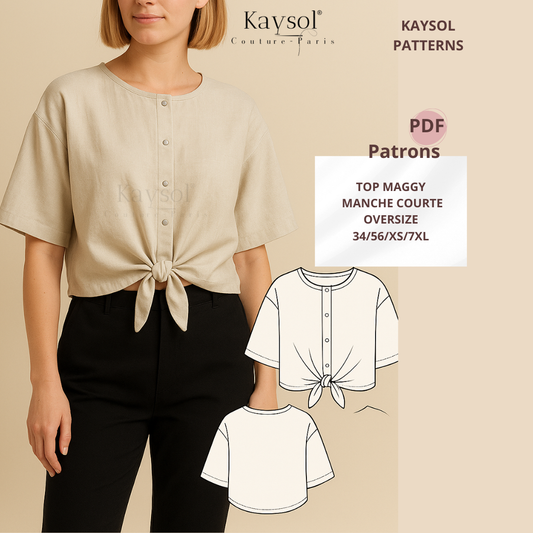 Patron PDF Top Maggy – Top court à nouer devant, XS–7XL, Débutant