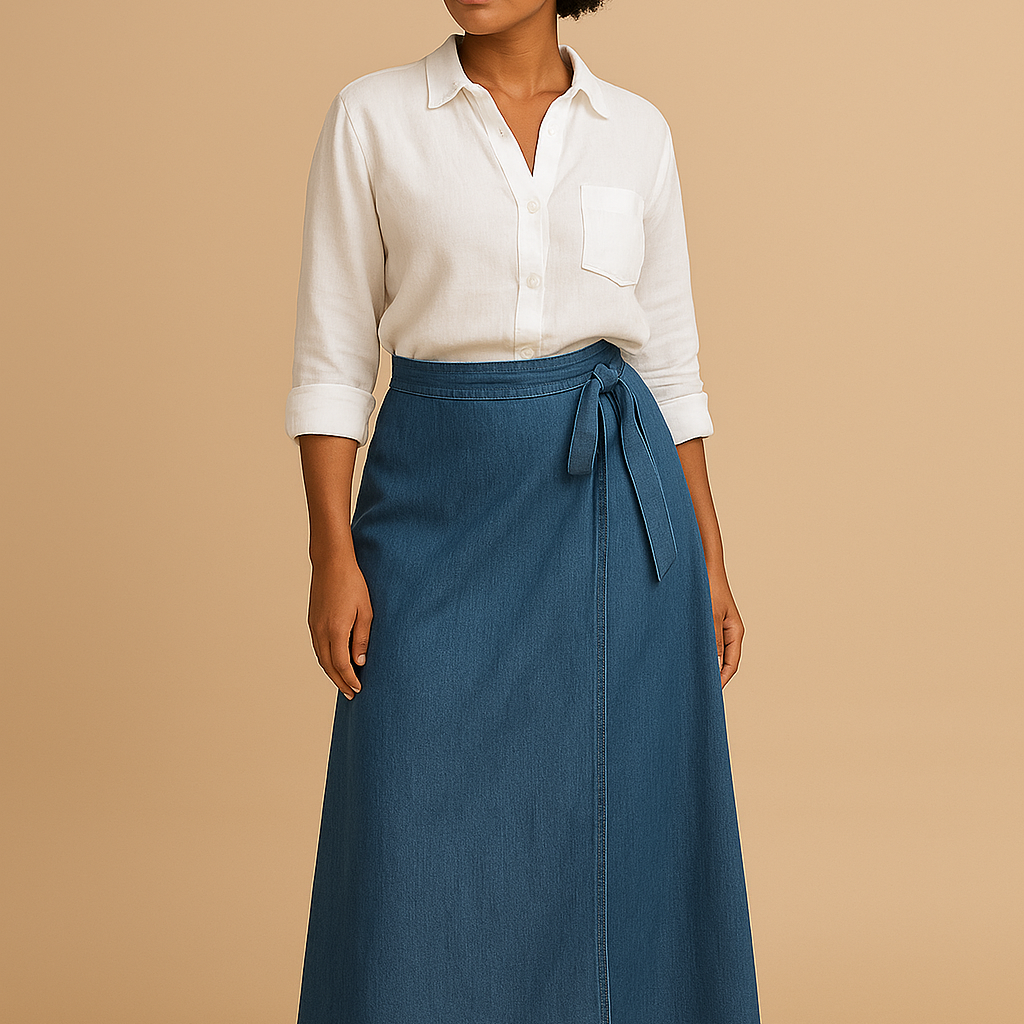 Jupe portefeuille Sira Kaysol Couture portée par le mannequin digital Aya, modèle féminin fluide et élégant, disponible en plusieurs longueurs, photographié sur fond studio beige neutre.