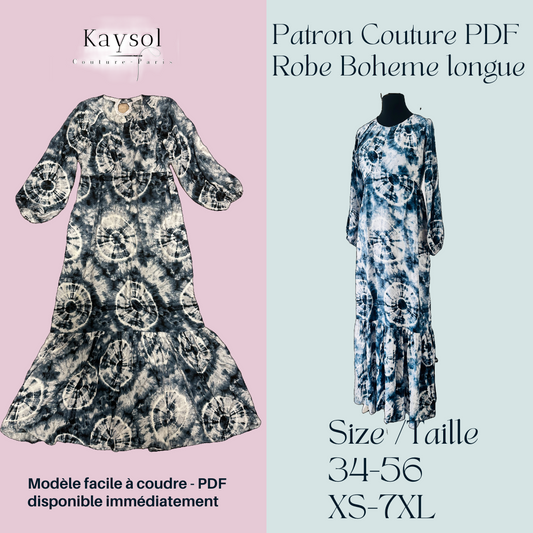 Patron de Couture Robe boheme longue - PDF Taille EU-US T34-56