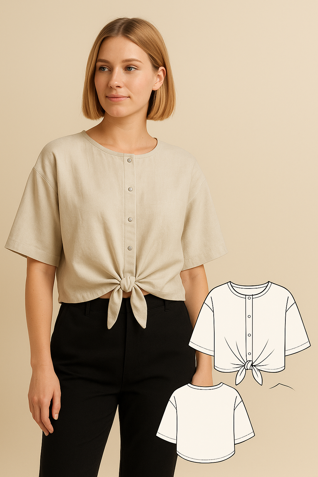 Patron PDF Top Maggy – Top court à nouer devant, XS–7XL, Débutant