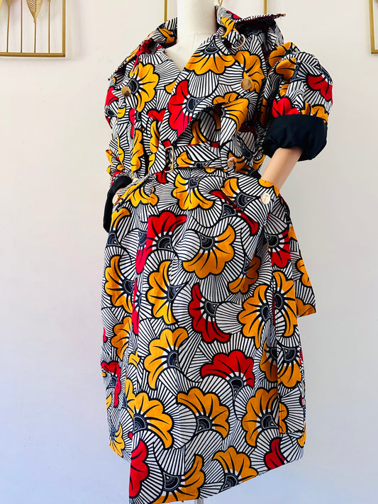 Trench en wax Fleur rouge et jaune / Collection Iconique / Taille Ajustable