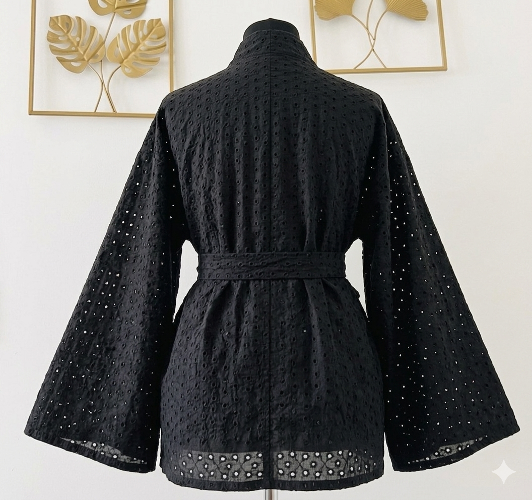 Kimono broderie anglaise noir femme chic bohème élégant Kaysol Couture