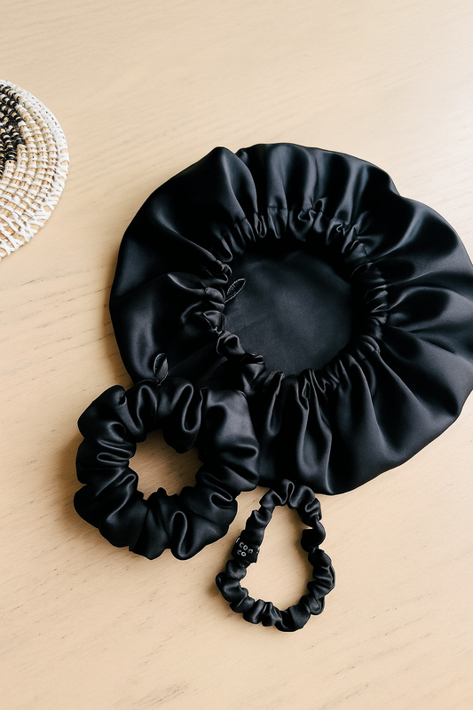 Set bonnet +  2 chouchous en  100 % Soie de mûrier 19 mommes – Noir