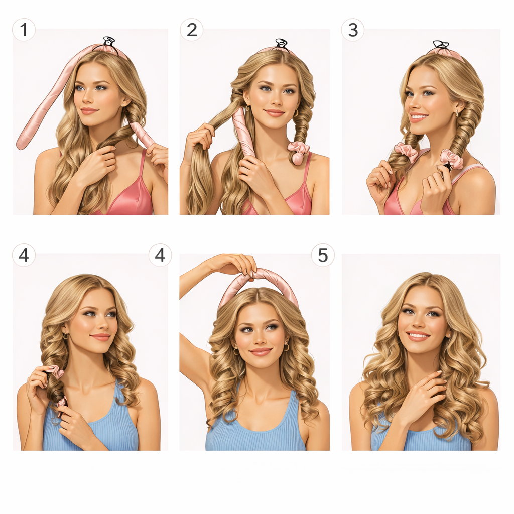 Box boucleur cheveux sans chaleur en satin premium avec bonnet recto verso, heatless curls rose gold, 3 chouchous et taie d’oreiller assortie.