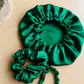 Bonnet + 2 Scrunchies Set in 100% Mulberry Silk 19 Momme – Dark Green