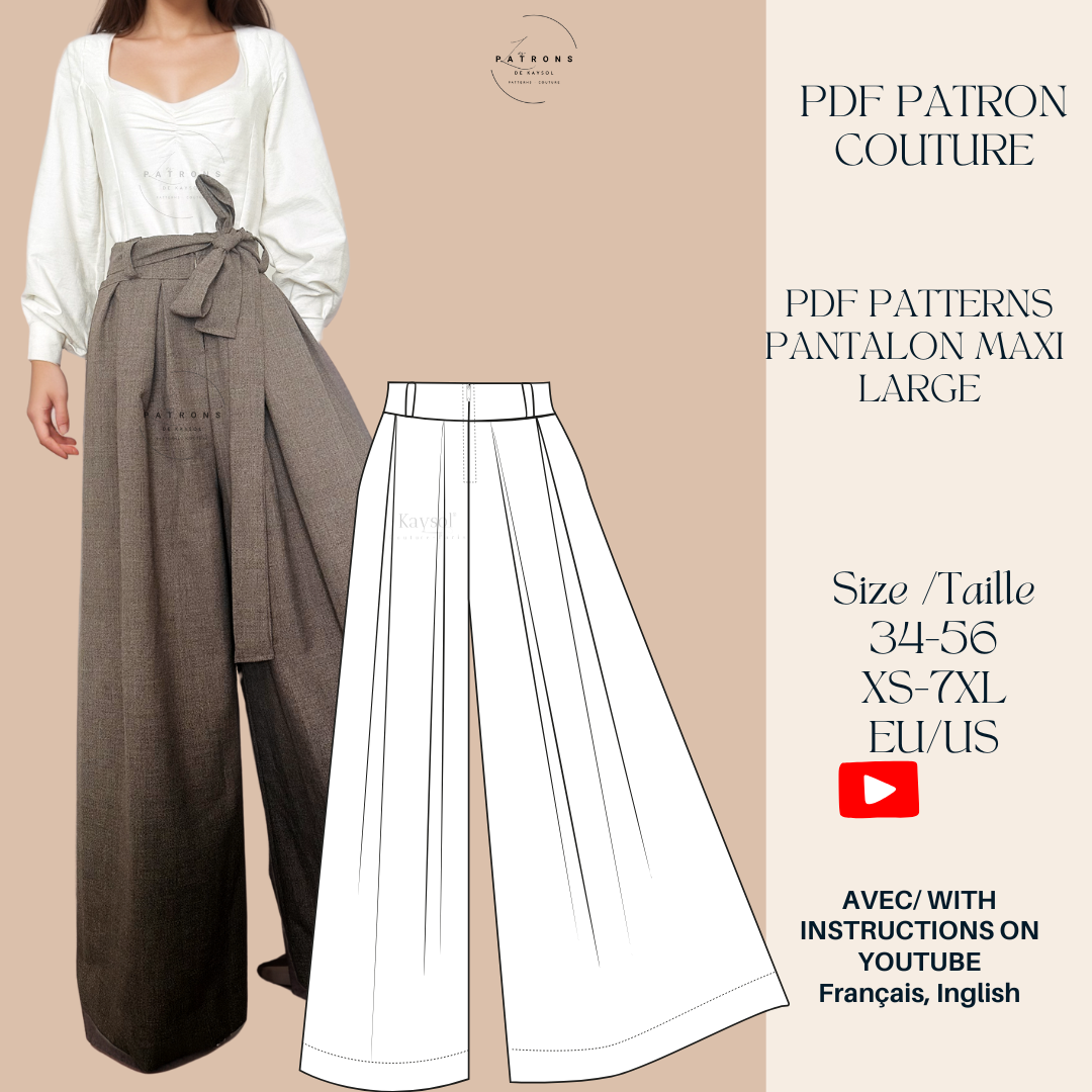 Patron Couture Pantalon Maxi Large Facile à coudre- pantalon style jupe - pantalon maxi large - pantalon taille large - pantalon large a coudre - avec kimono a coudre - patron couture gratuit