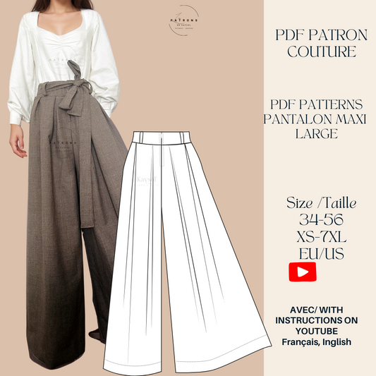 Patron Couture Pantalon Maxi Large Facile à coudre- pantalon style jupe - pantalon maxi large - pantalon taille large - pantalon large a coudre - avec kimono a coudre - patron couture gratuit