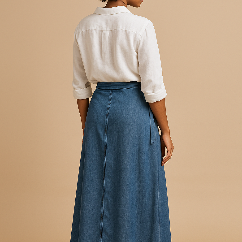 Jupe portefeuille Sira Kaysol Couture portée par le mannequin digital Aya, modèle féminin fluide et élégant, disponible en plusieurs longueurs, photographié sur fond studio beige neutre.