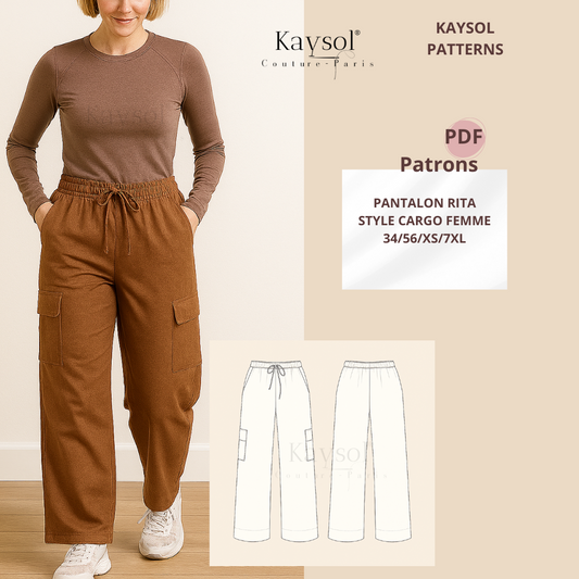 Patron PDF à télécharger – pantalon large à poches style cargo, taille élastiquée avec cordon. Tailles 34 à 56. Idéal pour couturier(e)s débutant(e)s.