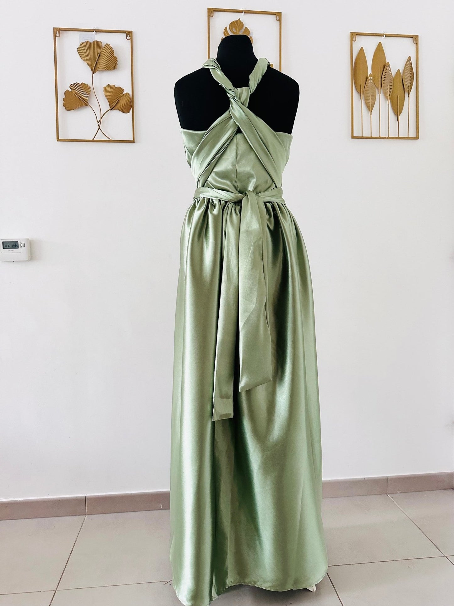 Robe demoiselle d’honneur vert sauge - Robe infinity en Satin vert - Kaysol Couture