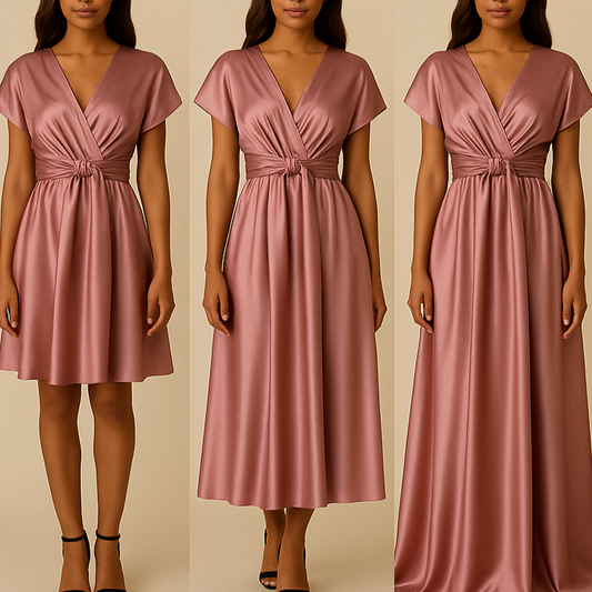 Robe Infinity satin rose blush longue, nouage papillon, vue de face sur fond beige