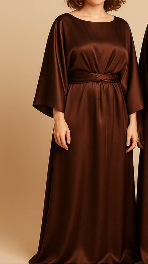 Robe Nayla longue en satin brillant coupe chauve-souris avec ceinture torsadée, idéale pour mariage, demoiselle d’honneur, cérémonie ou tenue Aïd – Kaysol Couture.