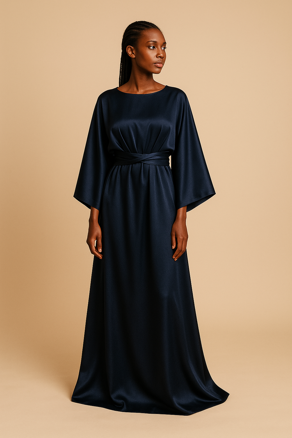 Robe Nayla longue en satin brillant coupe chauve-souris avec ceinture torsadée, idéale pour mariage, demoiselle d’honneur, cérémonie ou tenue Aïd – Kaysol Couture.