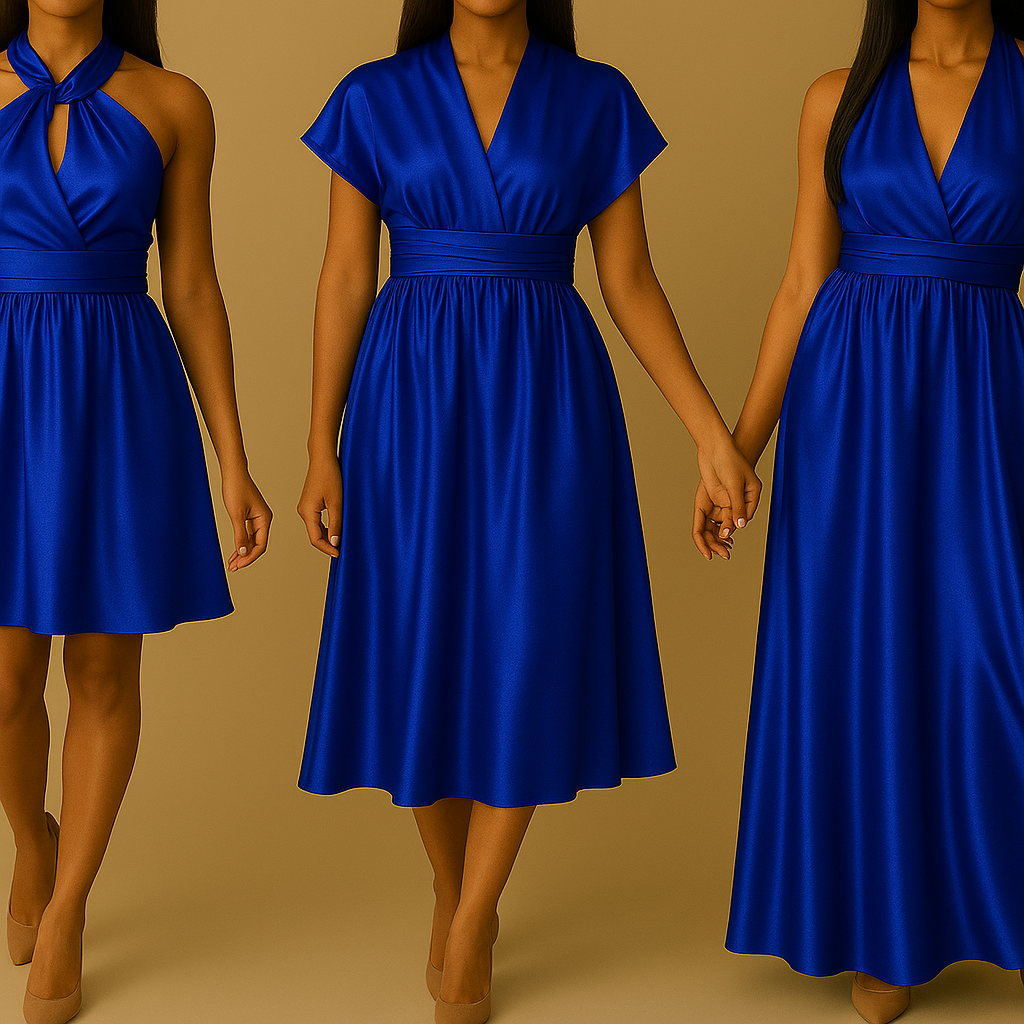 Trois mannequins présentent la robe Infinity satin bleu roi en trois longueurs différentes (genou, mi-mollet, longue) sur fond beige. Chaque robe est nouée dans un style distinct, mettant en valeur la brillance du satin et la coupe plissée fluide.