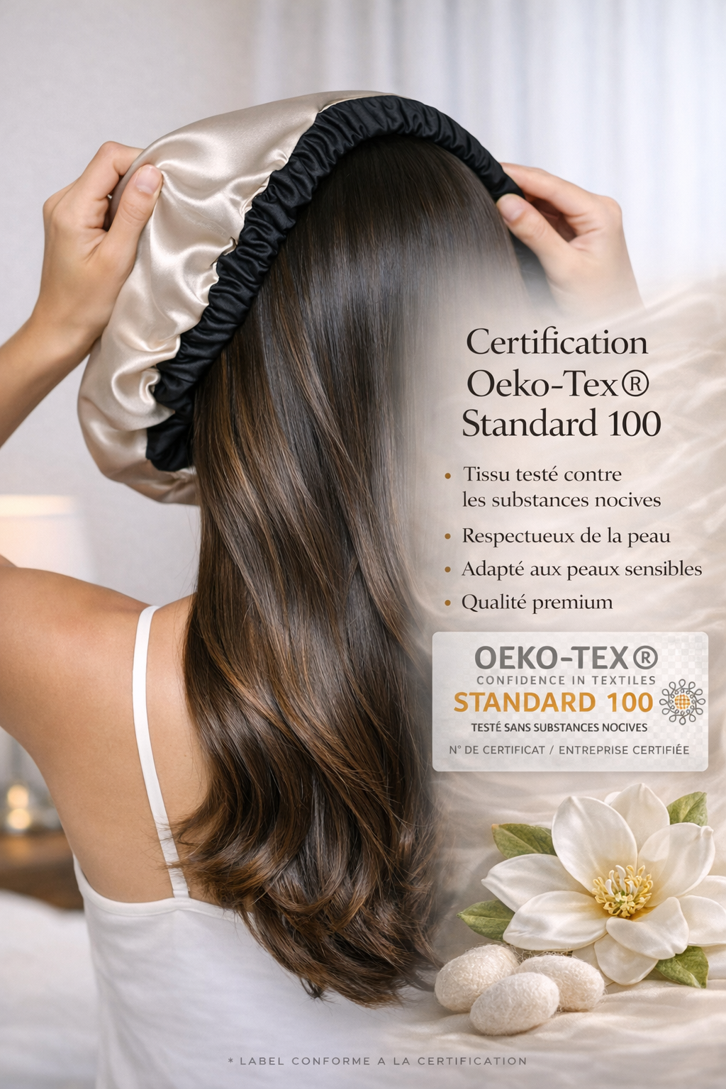 Coffret | 100 % Soie de mûrier | Taie en Soie | Bonnet et Chouchous assorti | Noir/creme