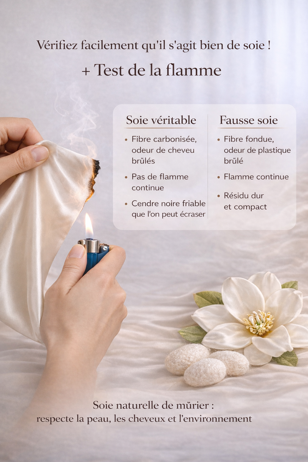 Coffret | 100 % Soie de mûrier | Taie en Soie | Bonnet et Chouchous assorti | Noir/creme