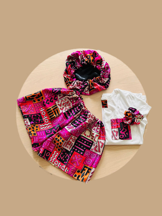 BOX, avec pyjama en Satin, imprimé Wax - Bonnet en satin - Chouchous en satin – assorti - Kaysol Couture