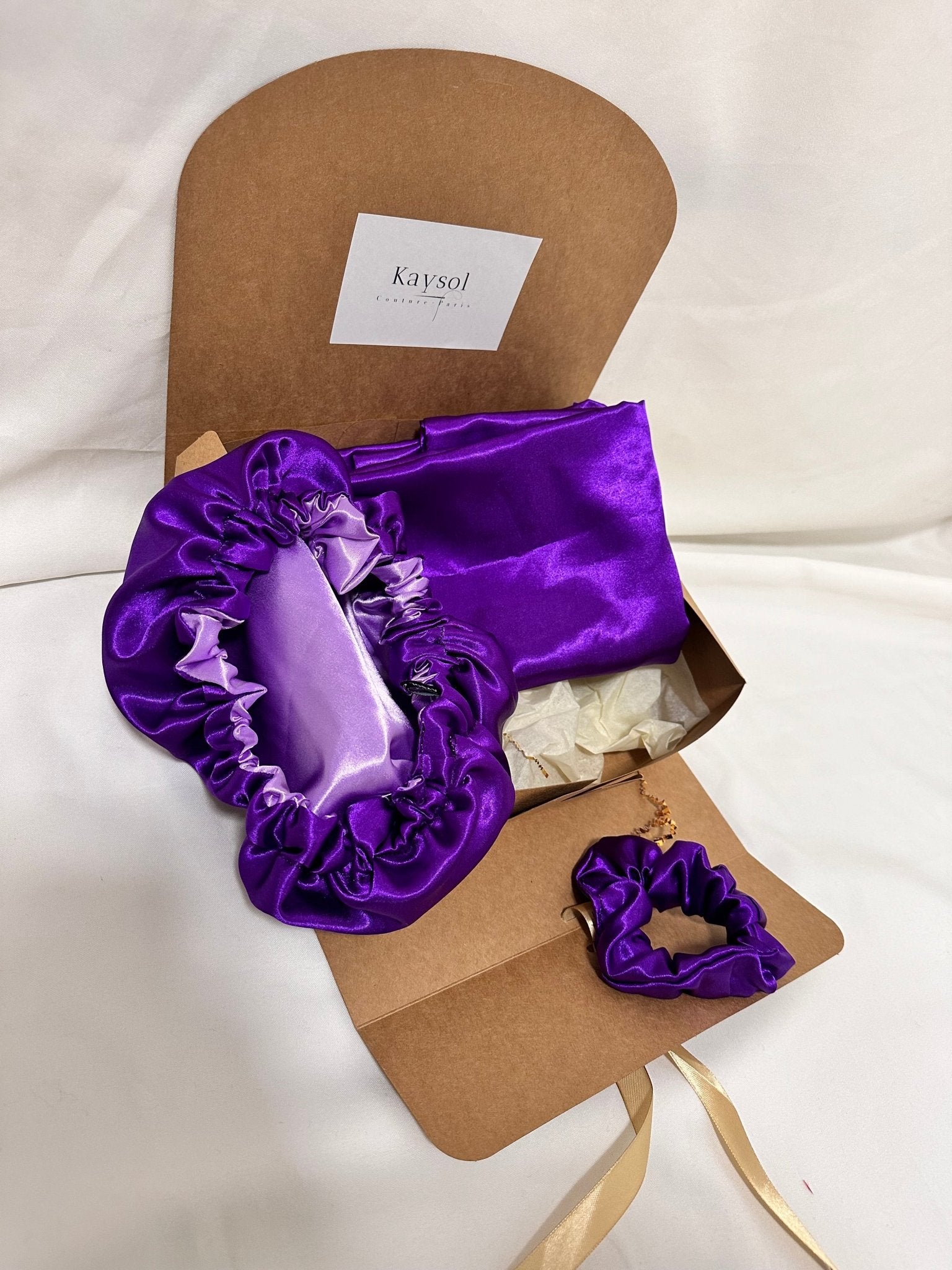 Box taie d’oreiller en Satin Lila - Bonnet en satin -chouchou en Satin - Box Lila - Violet - Kaysol Couture