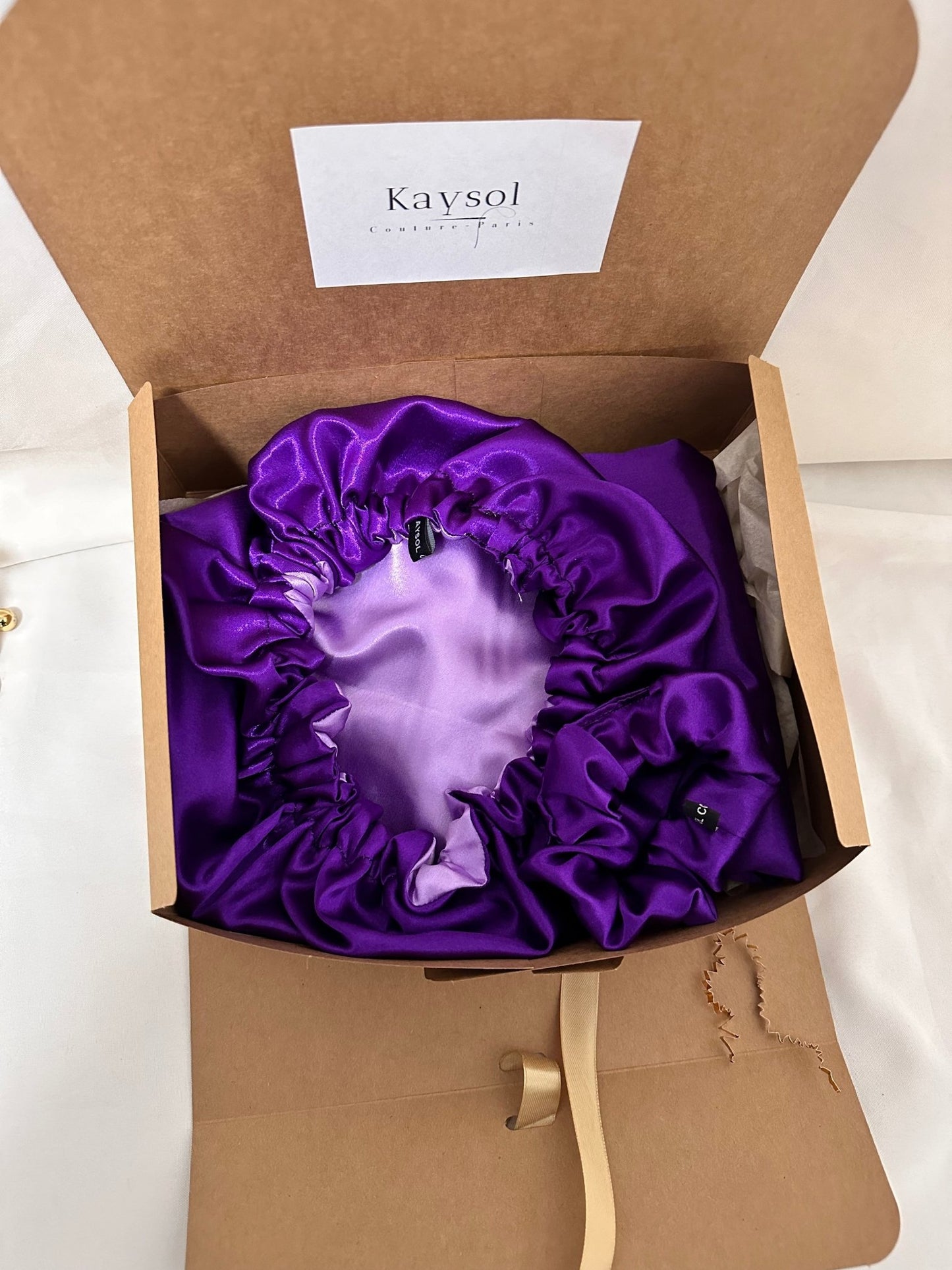 Box taie d’oreiller en Satin Lila - Bonnet en satin -chouchou en Satin - Box Lila - Violet - Kaysol Couture