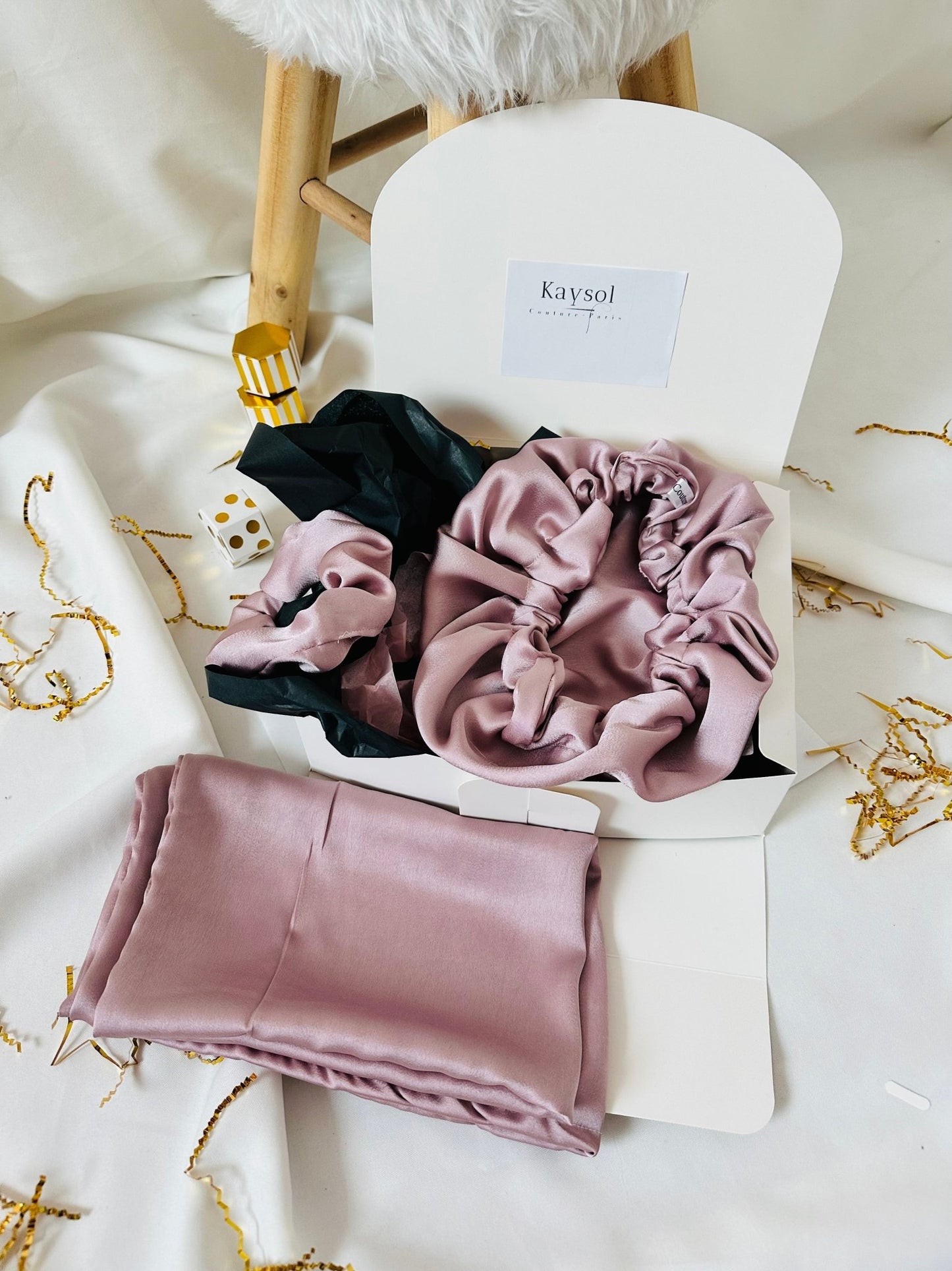 Choix de Couleur - Box Taies d’oreillers en Soie avec bonnet en Soie et chouchou en soie Assorti - Kaysol Couture