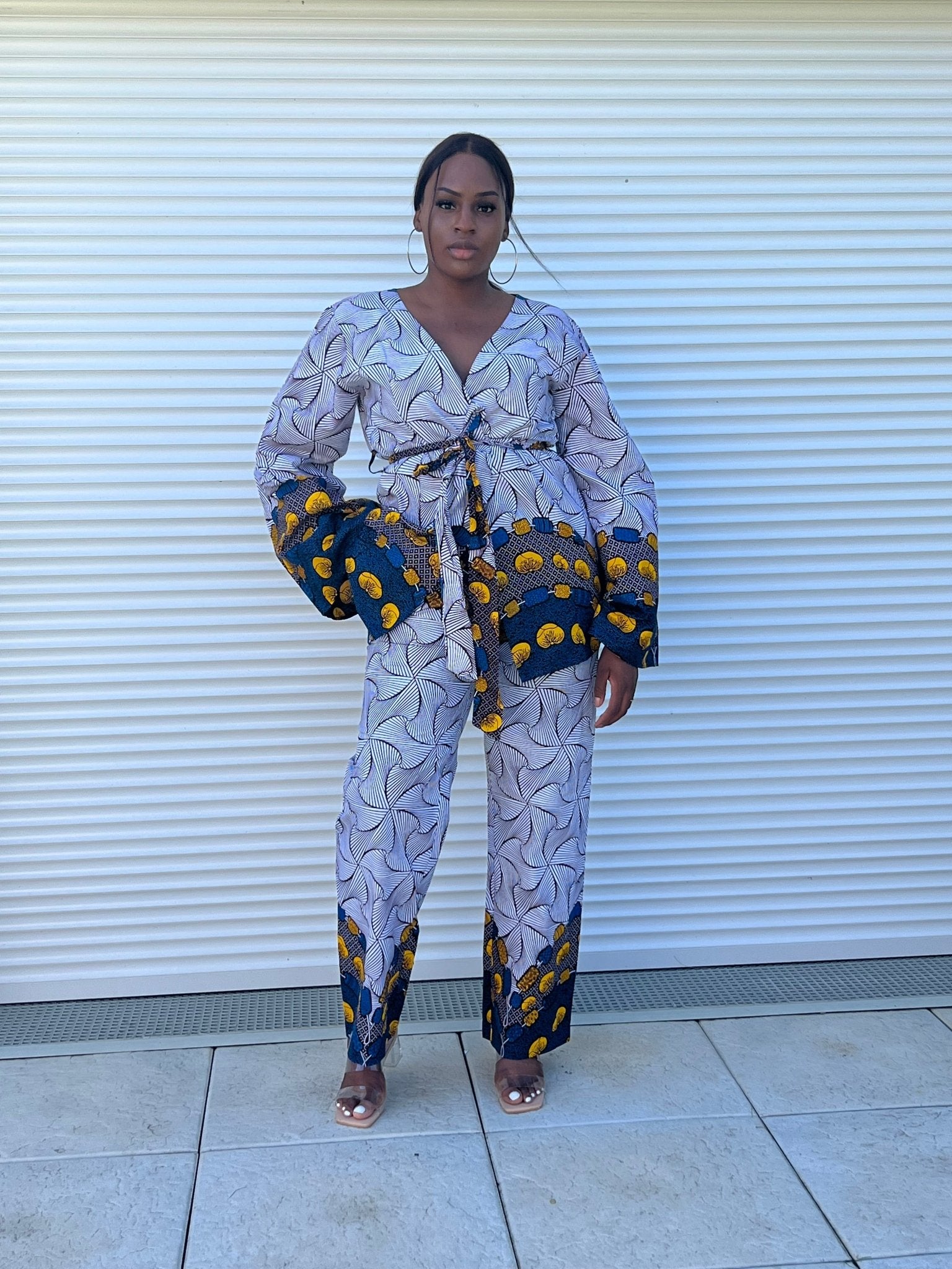 Costume en Wax femme Blazer kimono en Wax et Pantalon taille haute en Wax