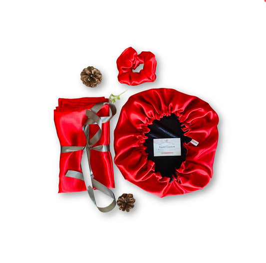 Idée cadeau - Kit gamme satin rouge - Coffret bonnet en satin - Taies d'oreiller - Kaysol Couture