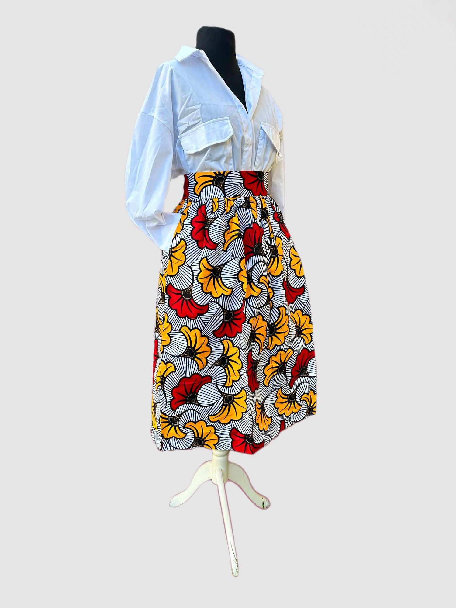 Jupe en wax Mi-longue fleurs de mariage rouges et jaunes - Avec poches - Kaysol Couture
