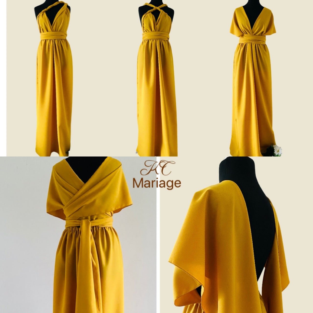 Robe infinity jaune Moutarde - Robe demoiselle d’honneur Convertible - Kaysol Couture